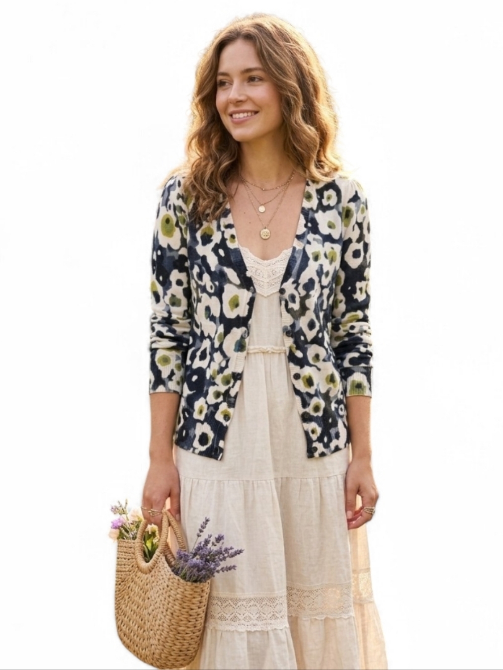 Jackpot Danish Design Floral Knit Cardigan Sweater Size S Boho Artistic